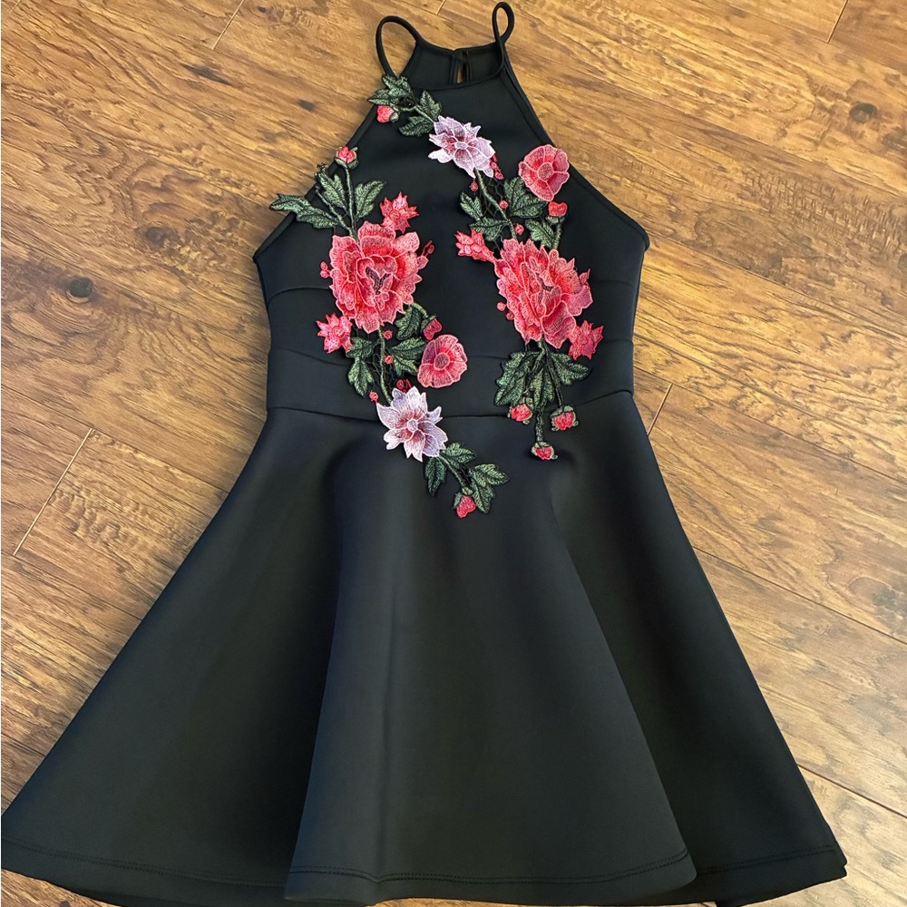 Vintage Papaya Scuba Swing Dress, Black With Floral Appliqué